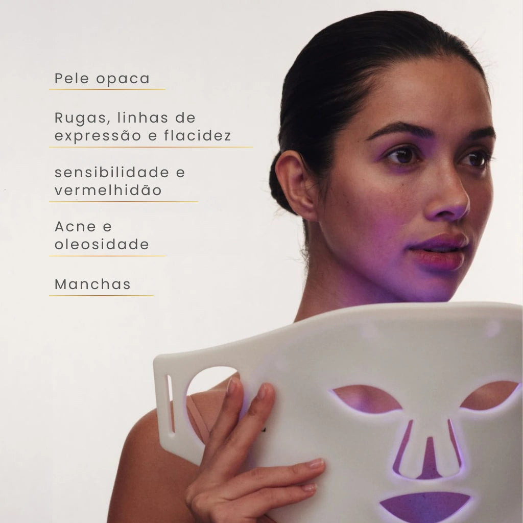 A máscara de LED trata: pele opaca, rugas, linhas de expressão, flacidez, sensibilidade, vermelhidão, acne, oleosidade excessiva, manchas e muito mais!