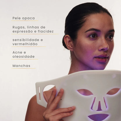 A máscara de LED trata: pele opaca, rugas, linhas de expressão, flacidez, sensibilidade, vermelhidão, acne, oleosidade excessiva, manchas e muito mais!